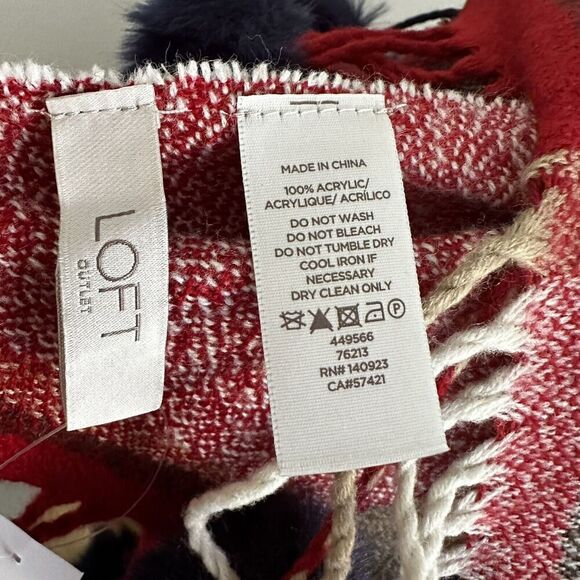 LOFT Outlet Plaid Scarf with Faux Fur Poms 79" X 28" Soft Red Navy Cream NWT - Picture 5 of 7